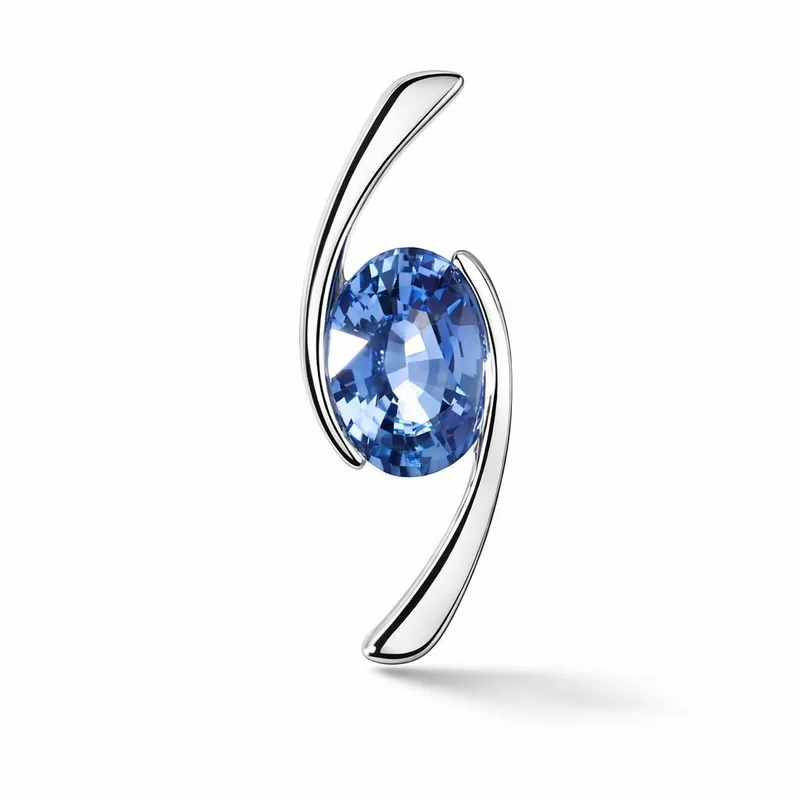 Pendentif Croisé Saphir Bleu de Ceylan Ovale 8x6mm en Or Blanc 750 pour femme - Bijoux Trabbia Vuillermoz